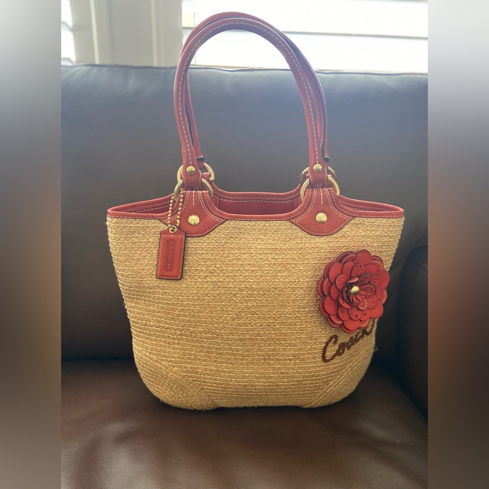 Coach Red and Tan Straw Tote with Floral Accent